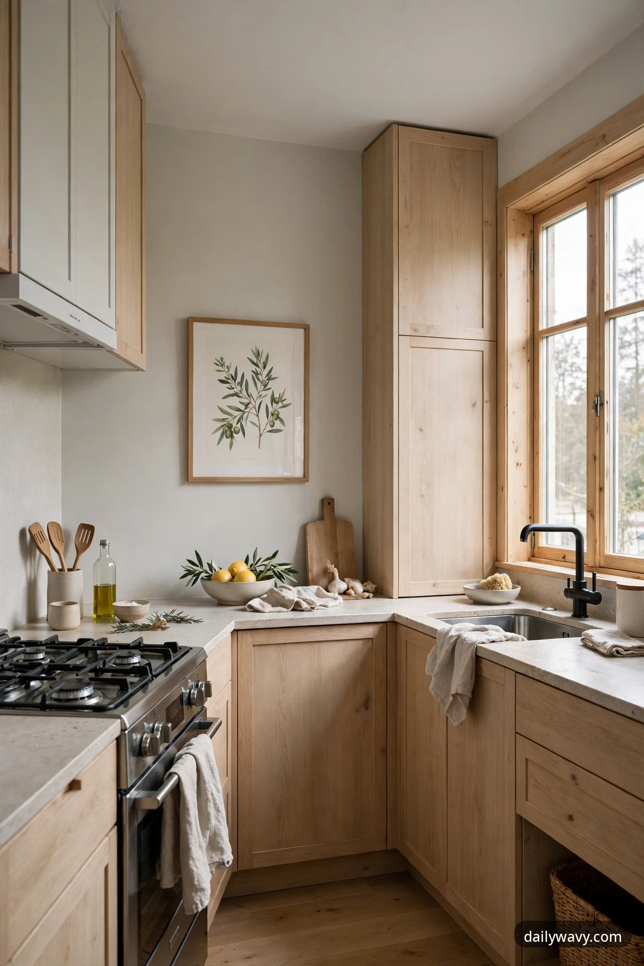 Framed botanical print hanging on a dry kitchen wall away from the sink