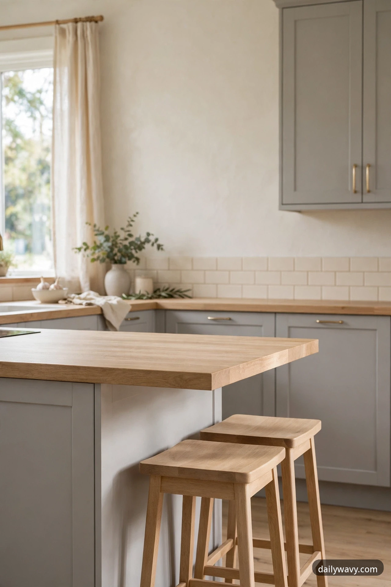 Two light wood stools tucked under a compact kitchen counter