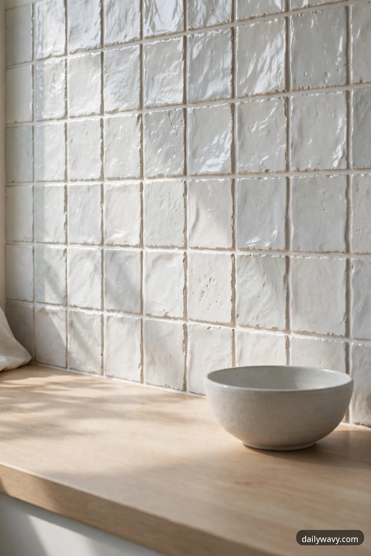 Subtly textured handmade-look tile backsplash behind a Scandinavian kitchen counter