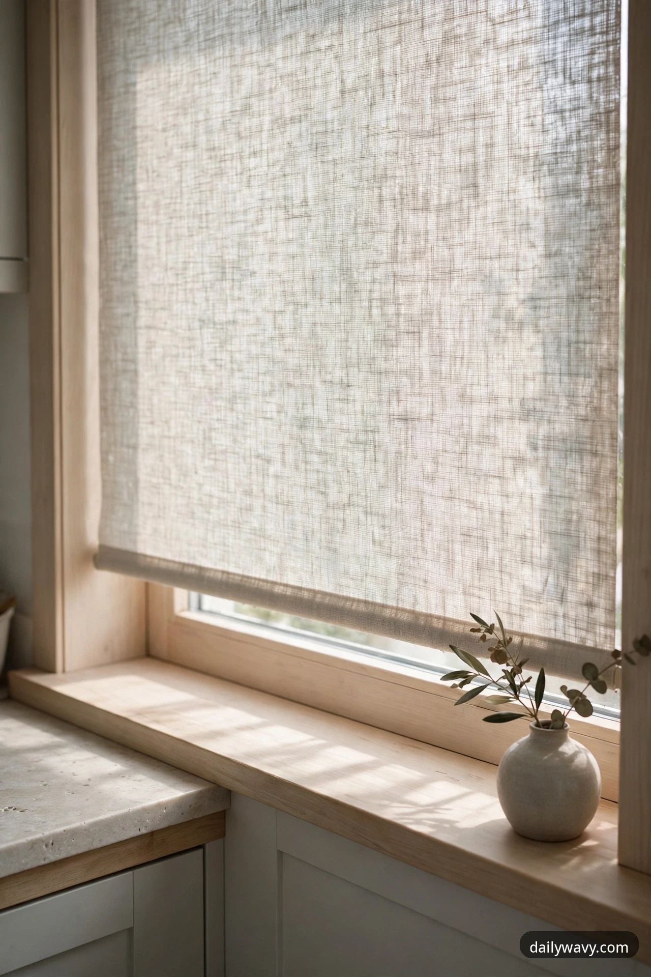 Linen-look cordless shade framing a kitchen window with soft daylight