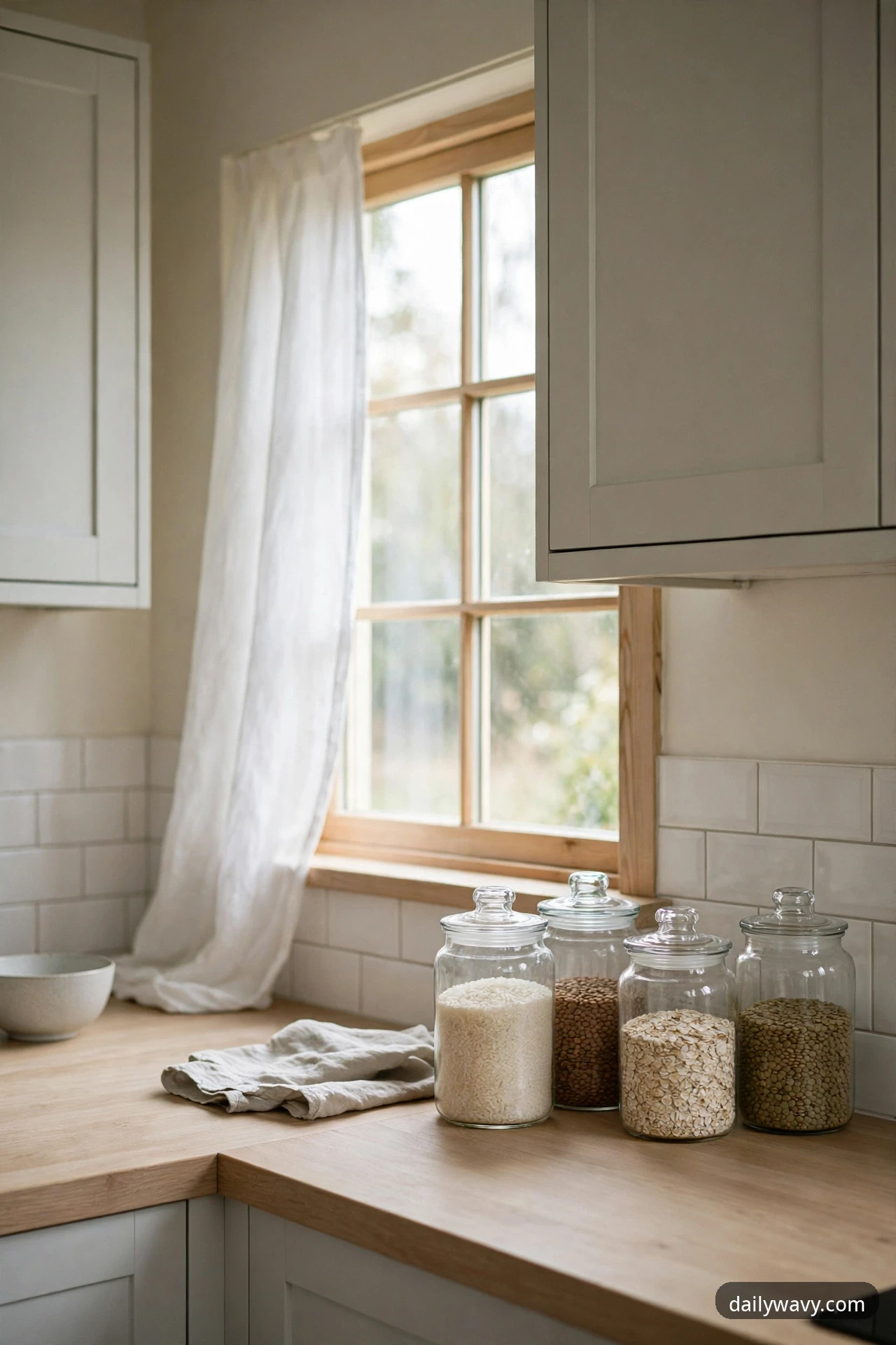 Grouping of glass jars with dry staples arranged in one kitchen corner