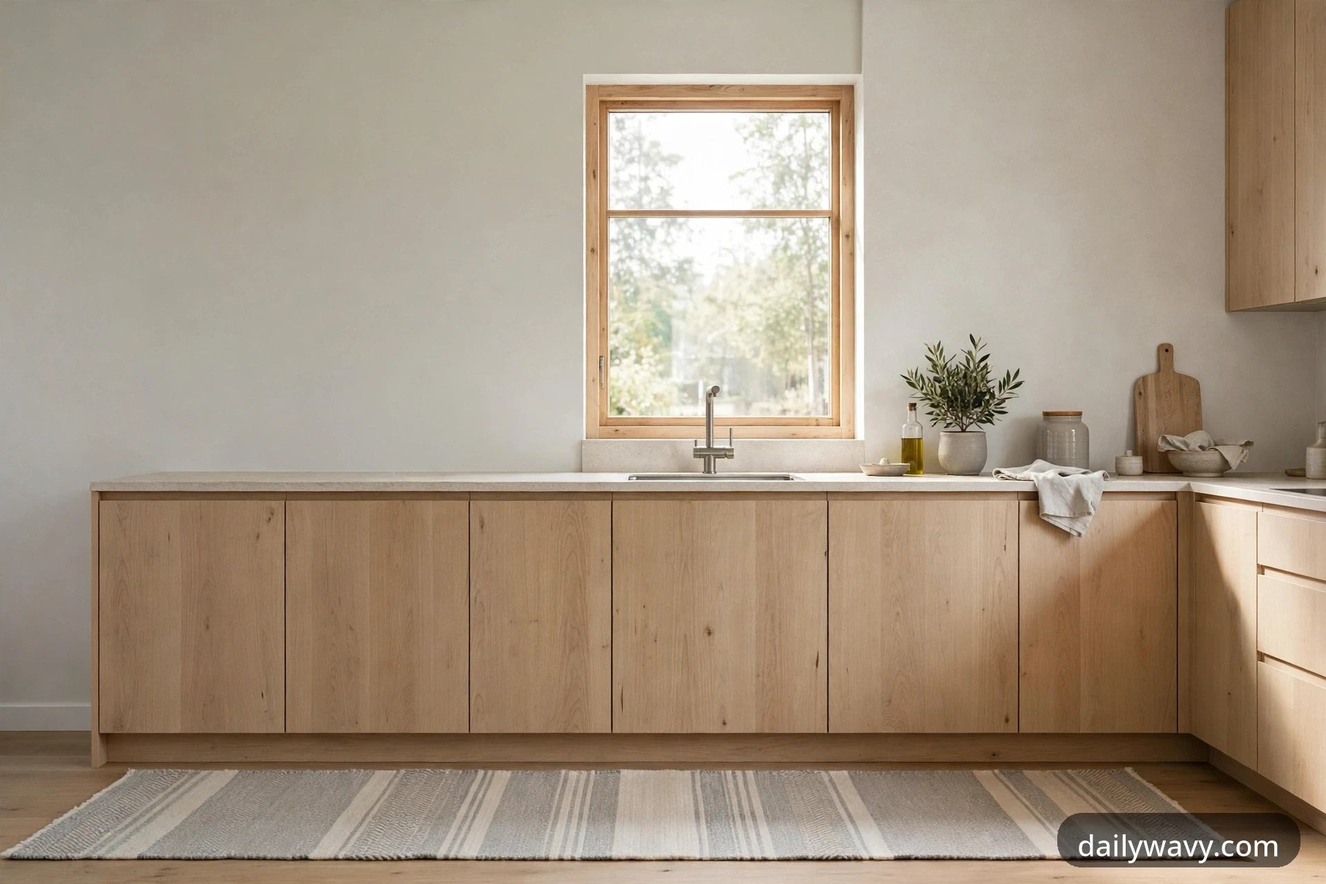 Scandinavian kitchen with a washable runner along the work zone, light wood cabinets and soft natural light