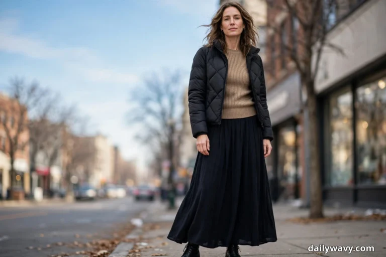 A woman wearing a black diamond-quilted short puffer jacket over a tan ribbed knit with a long black pleated maxi skirt stands full length on a city sidewalk, her black lace-up ankle boots peeking below the hem at the bottom of the frame