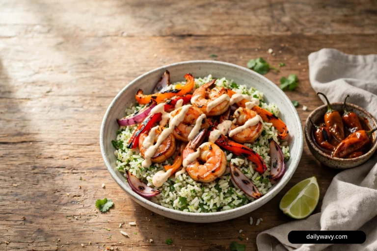 A bowl of cilantro-flecked rice topped with charred shrimp drizzled with chipotle crema, charred pepper strips and red onion wedges, with a small dish of chipotles in adobo and a lime wedge beside the bowl.