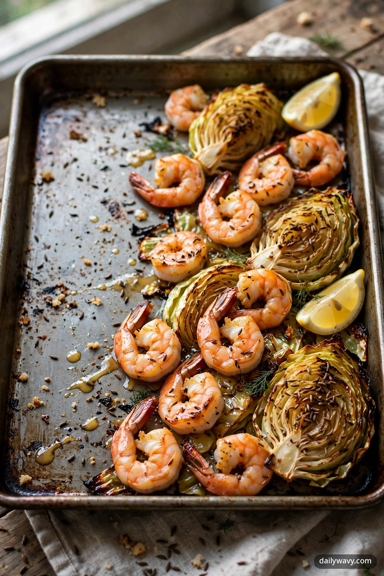 Roasted shrimp nestle beside caramelized cabbage steaks sprinkled with caraway seeds, served with lemon wedges and dill sprigs on a sheet pan.