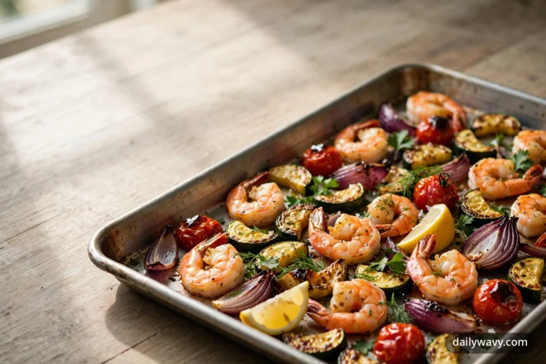 A wide view of a sheet pan loaded with roasted shrimp, zucchini half-moons, blistered cherry tomatoes, red onion wedges and lemon wedges, finished with fresh herbs on a wooden table by a window.