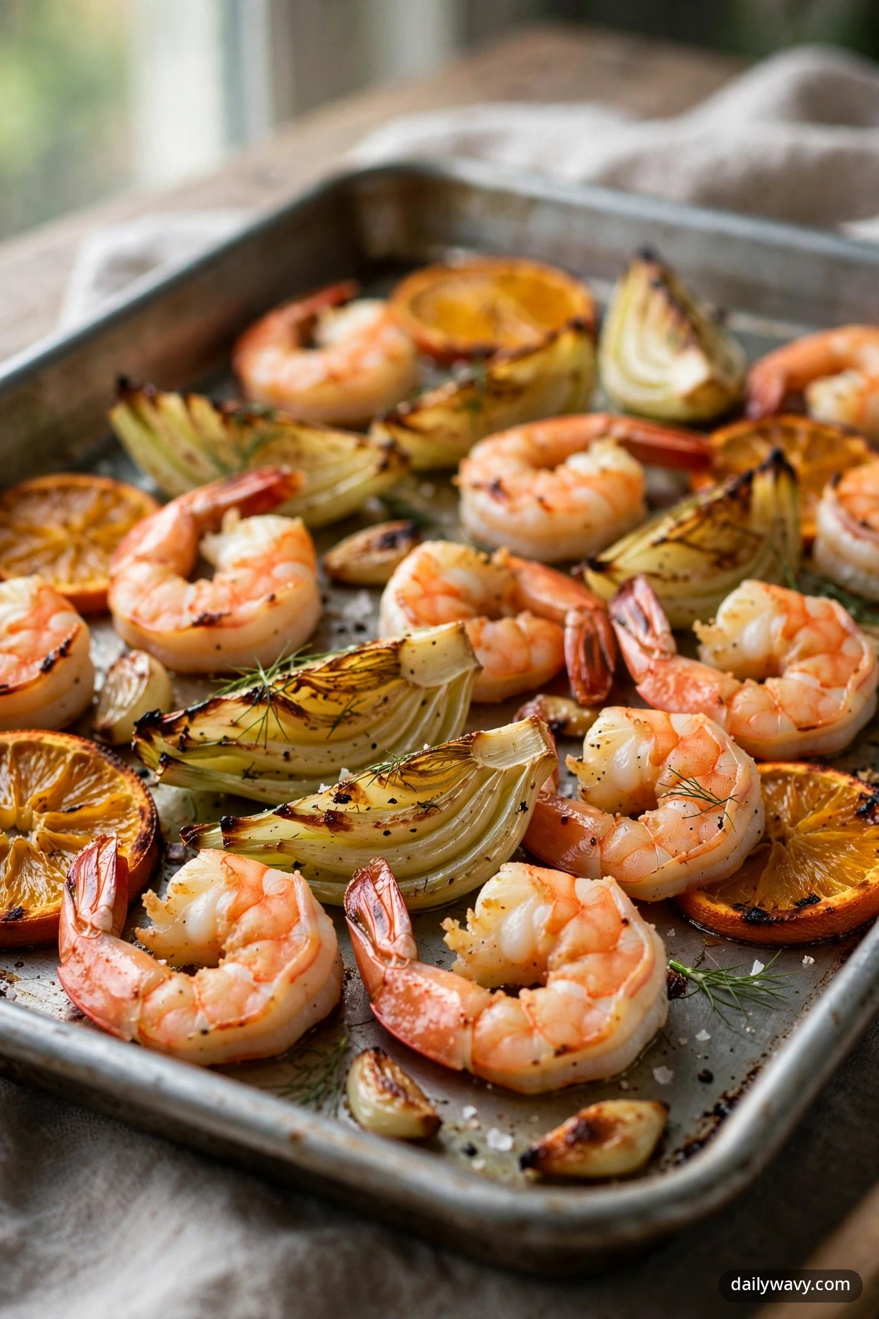Roasted shrimp lie among caramelized fennel wedges, charred orange slices and roasted garlic cloves, finished with fennel fronds on a sheet pan.