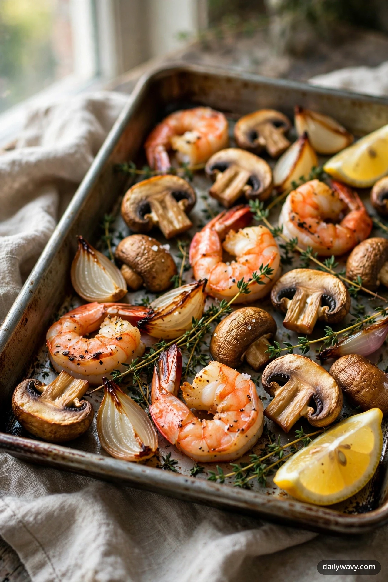 Roasted shrimp share a sheet pan with browned cremini mushrooms, roasted onion wedges, fresh thyme sprigs and lemon wedges.