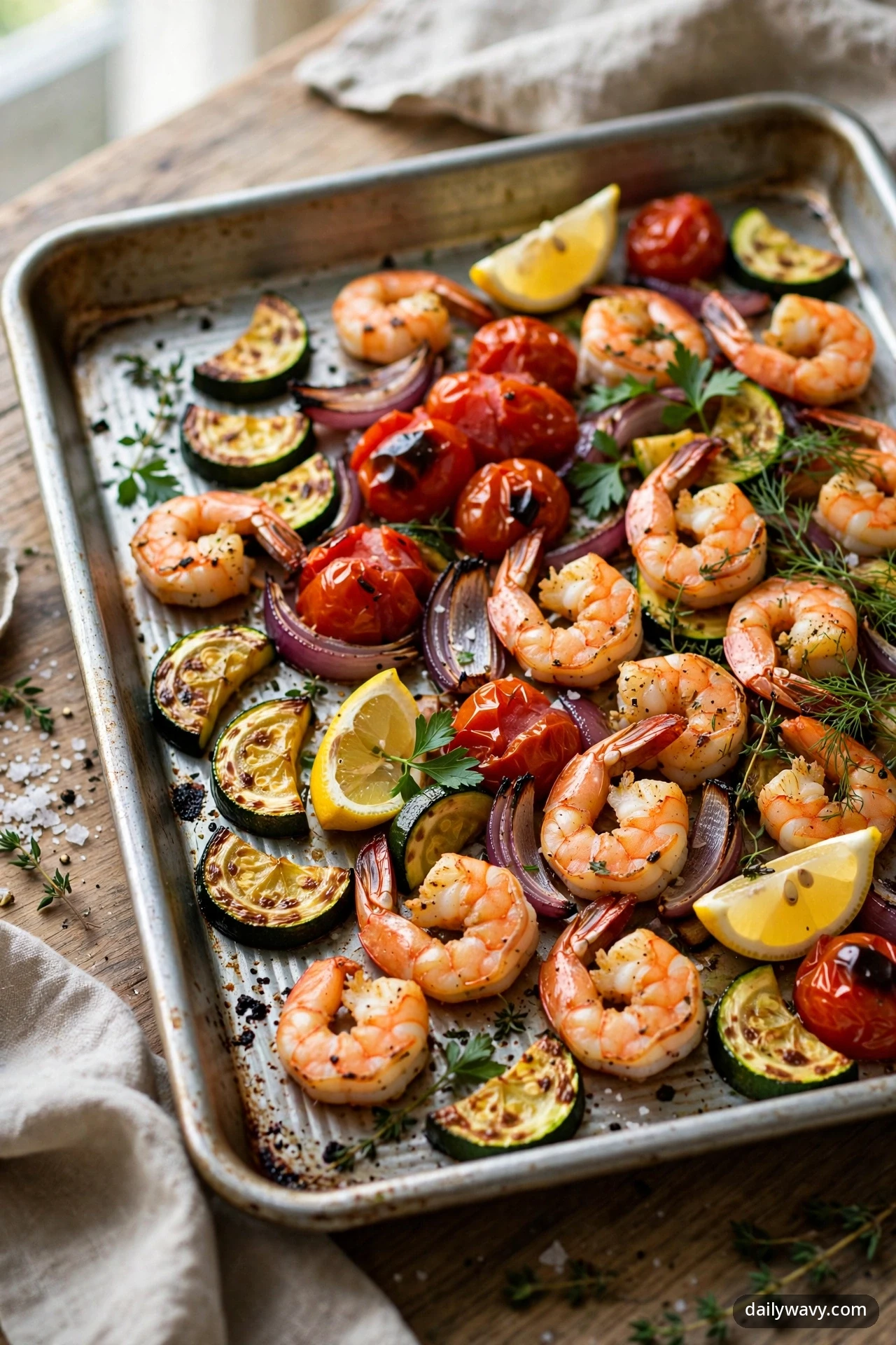 A closer overhead view of a sheet pan with roasted shrimp, zucchini half-moons and burst cherry tomatoes tossed with red onion wedges, lemon wedges and fresh herbs.