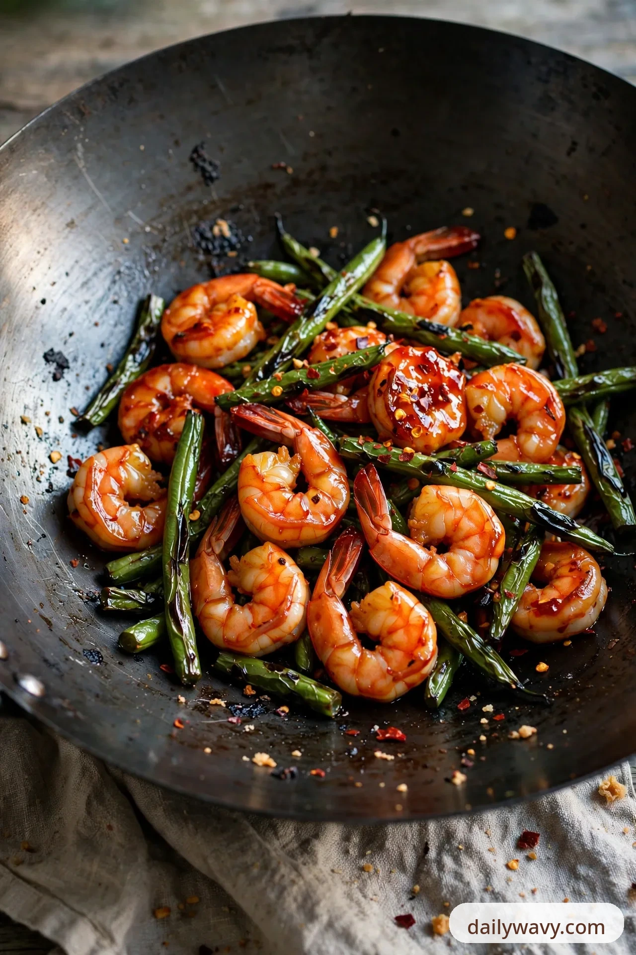 A wok of shrimp in a glossy red sweet chili glaze is tossed with blistered green beans and scattered chili flakes.