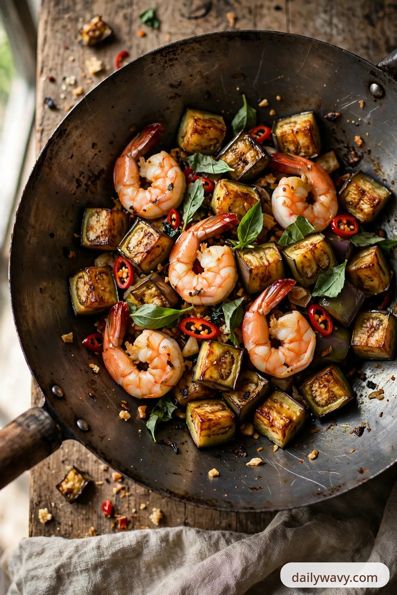 A wok of shrimp with golden eggplant cubes, fresh basil leaves and rings of red chili sits on a wooden table.
