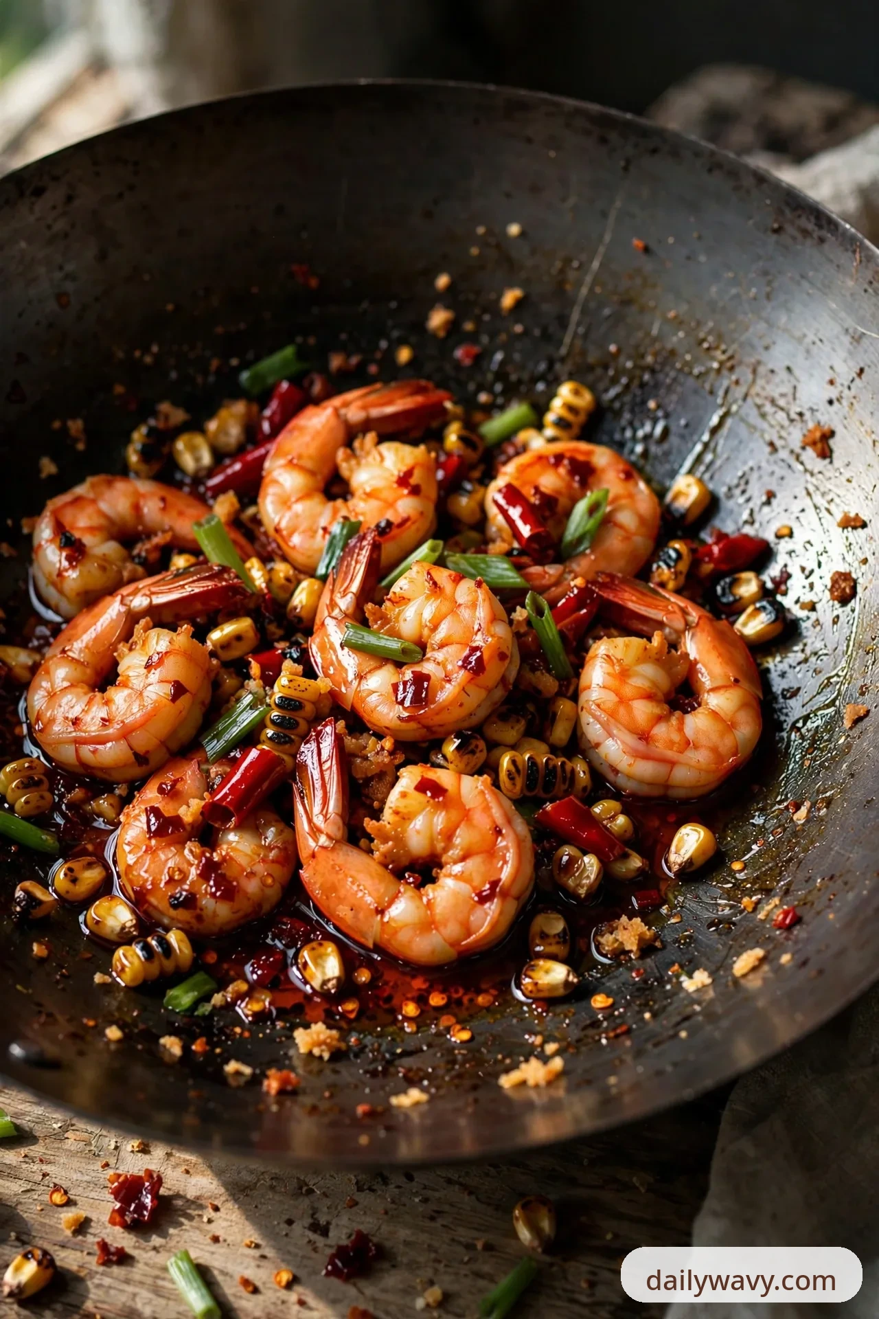 A wok of shrimp and charred corn kernels slicked with red chili crisp oil is tossed with scallion pieces.