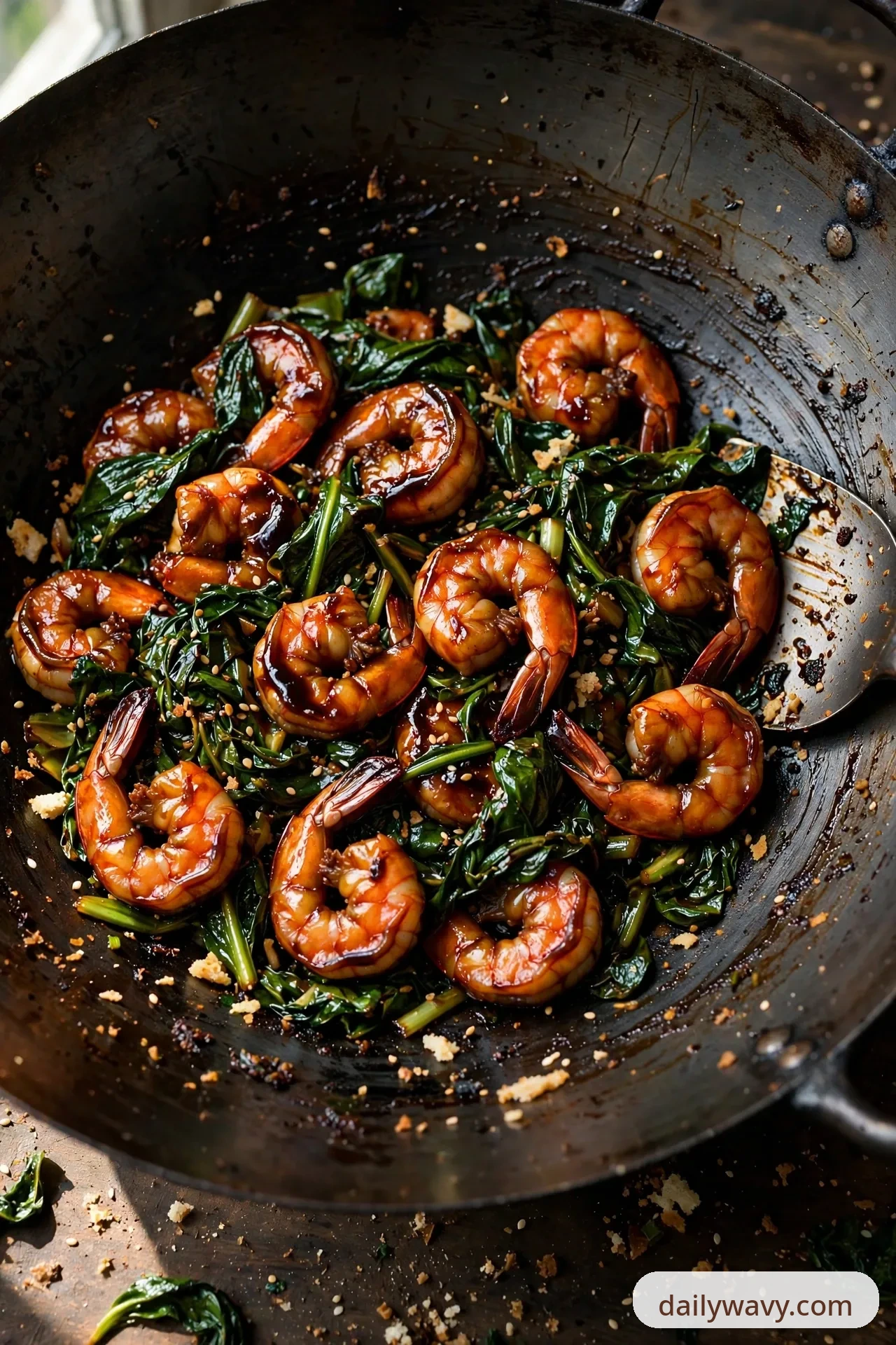 A wok of shrimp in a dark hoisin glaze is tossed with wilted leafy greens and sprinkled with sesame seeds.