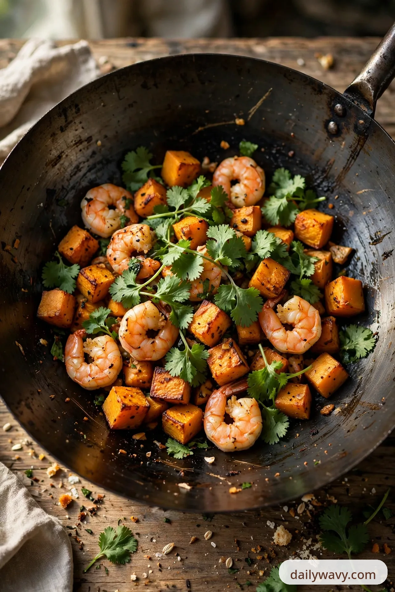 A wok of shrimp and golden butternut squash cubes is topped with fresh coriander leaves.
