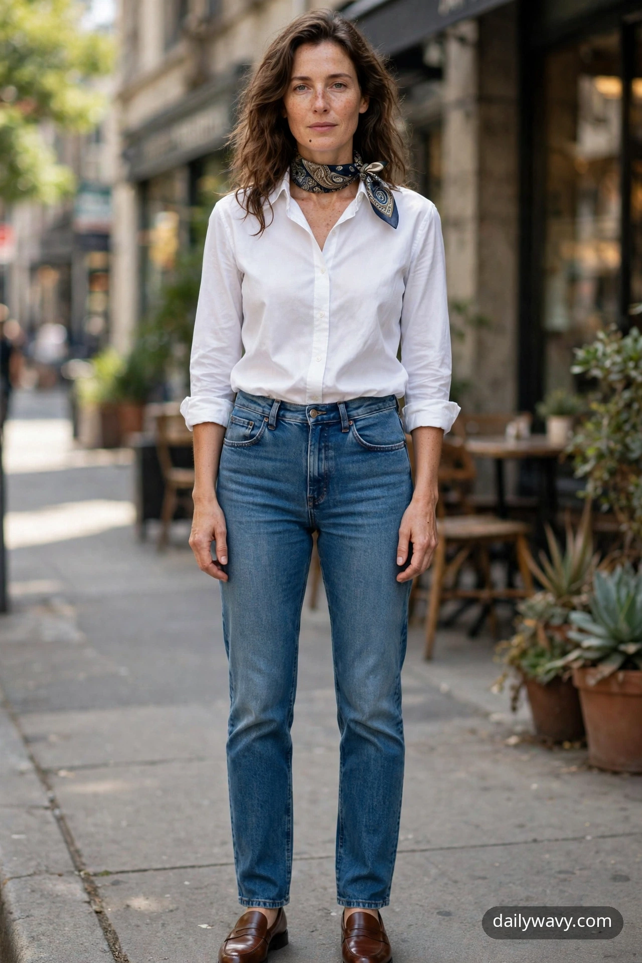 Adult wearing white shirt, straight jeans and loafers for silk scarf outfits