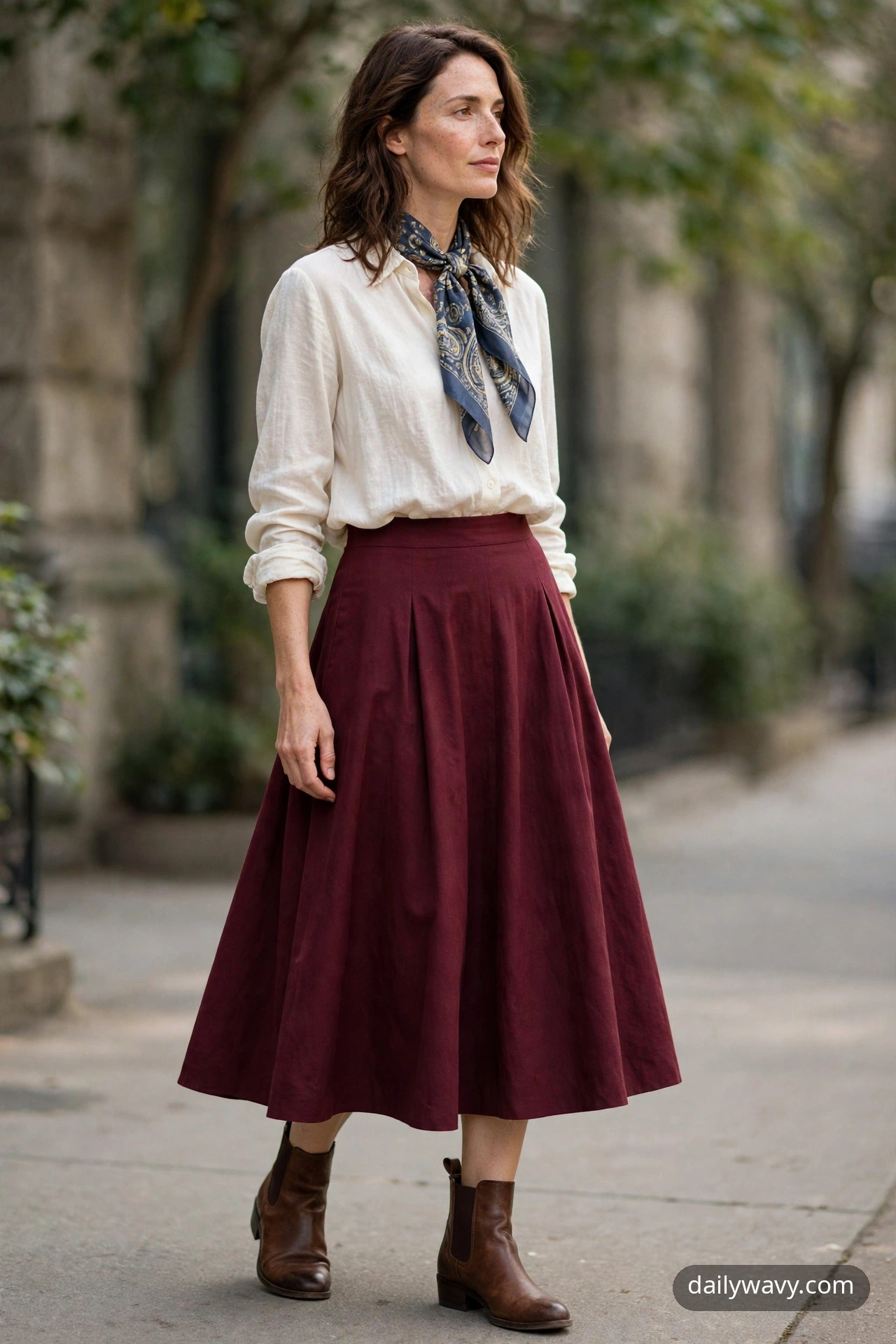 Adult wearing soft blouse, a-line skirt and boots for silk scarf outfits