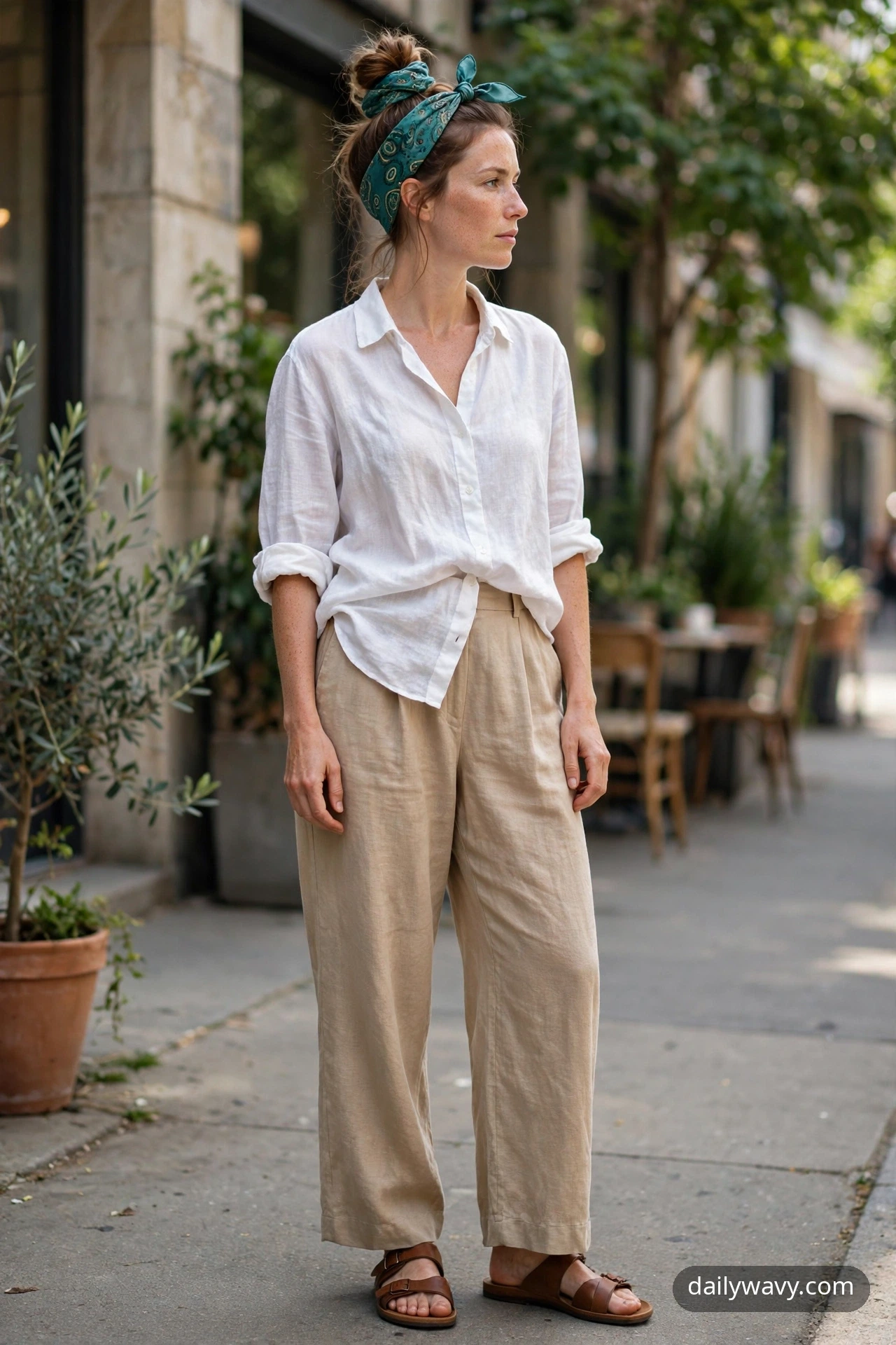 Adult wearing linen shirt, wide trousers and sandals for silk scarf outfits