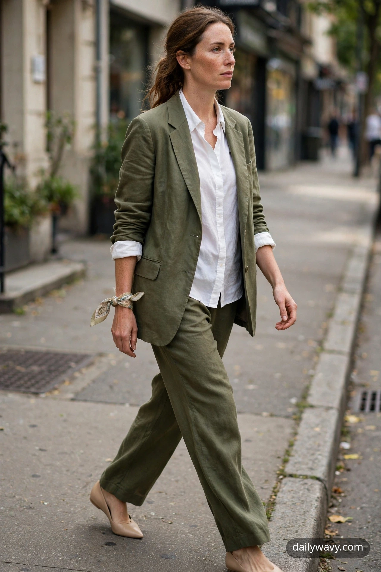 Adult wearing cotton shirt, relaxed suit and flats for silk scarf outfits