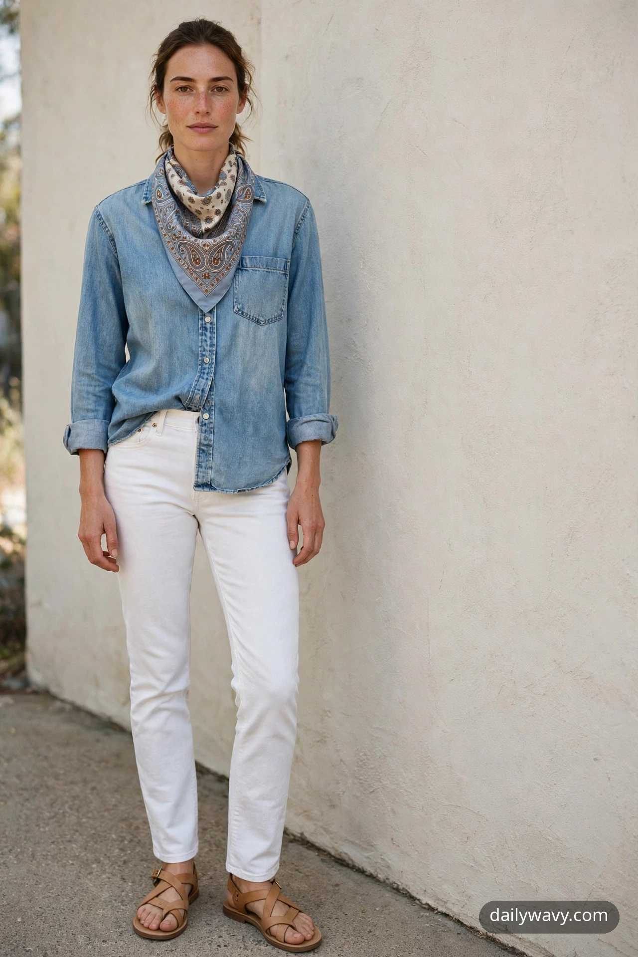 Adult wearing denim shirt with white jeans for silk scarf outfits