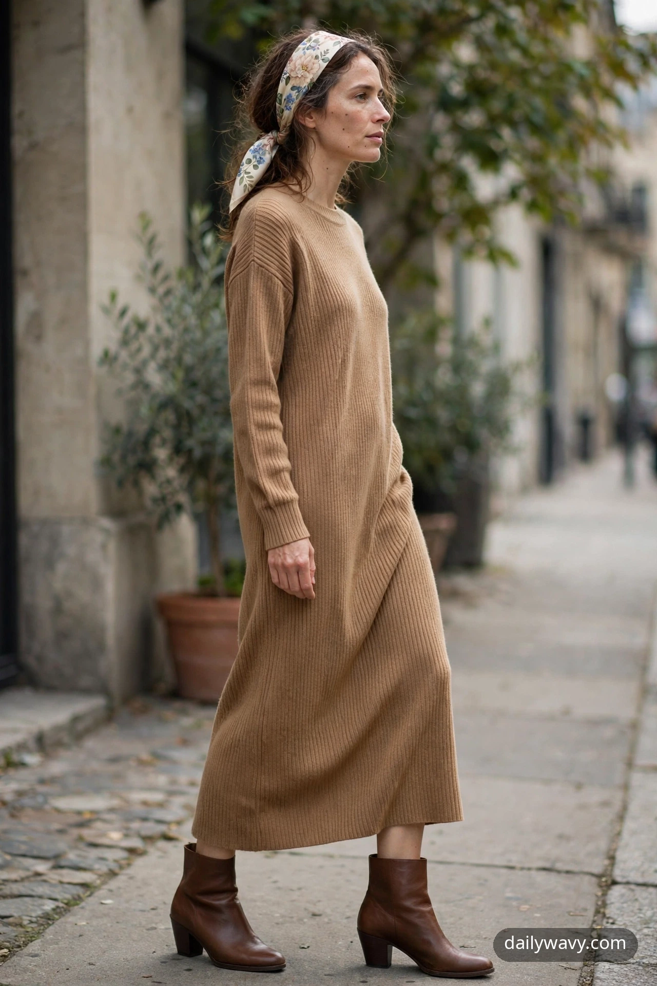Adult wearing sweater dress with low boots for silk scarf outfits