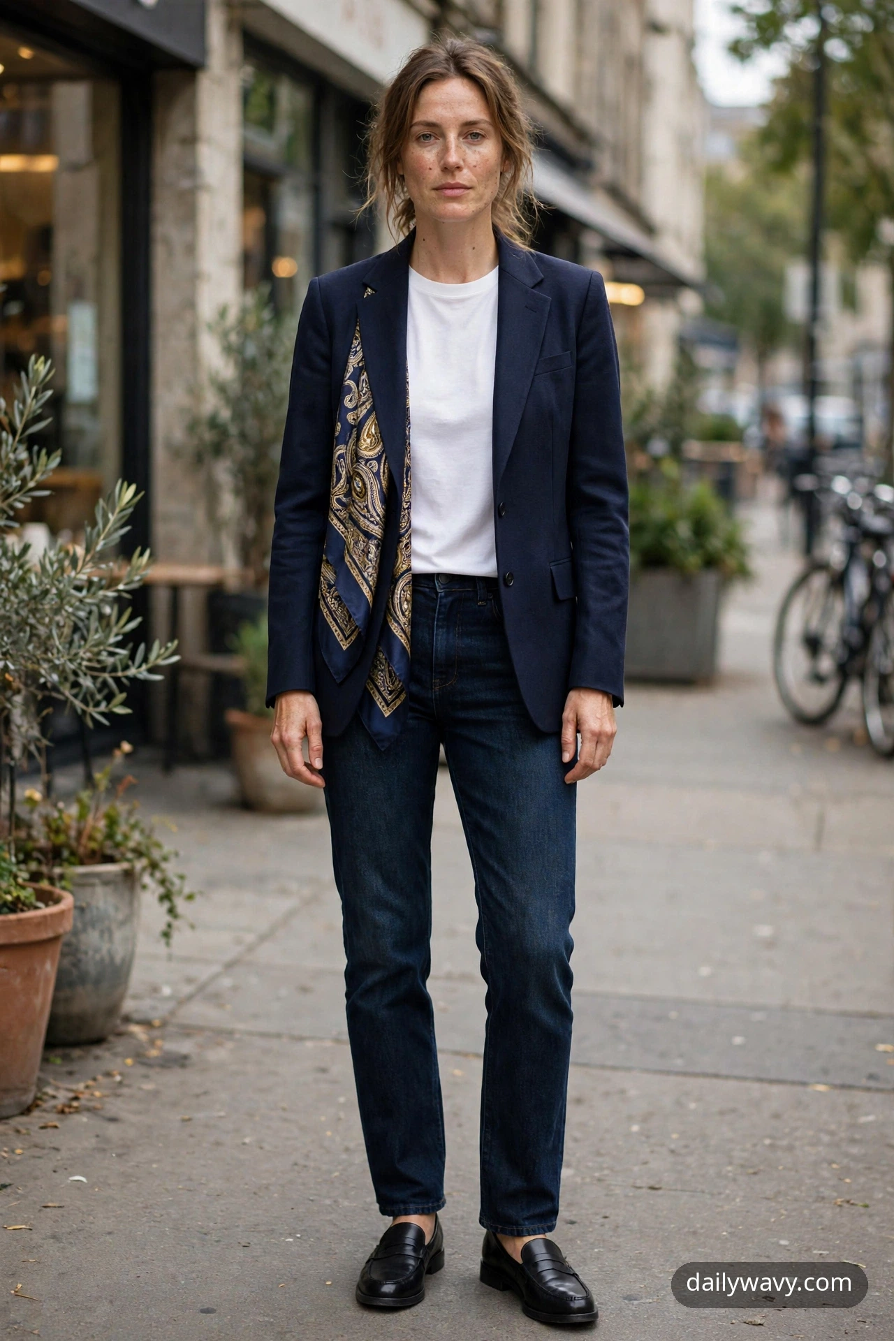 Adult wearing crewneck tee with a tailored blazer for silk scarf outfits