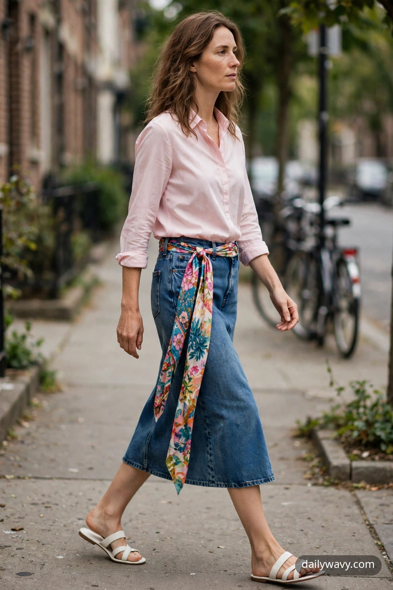 Adult wearing plain blouse with a denim skirt for silk scarf outfits