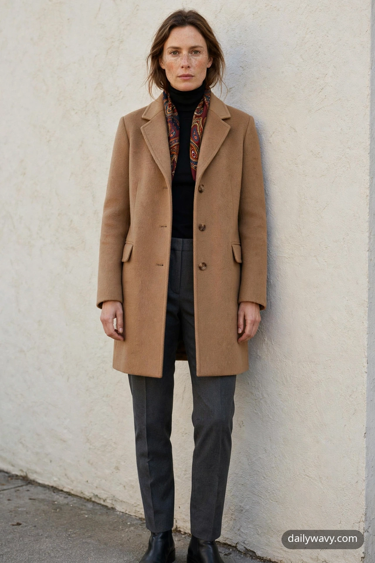 Adult wearing turtleneck with a wool coat for silk scarf outfits