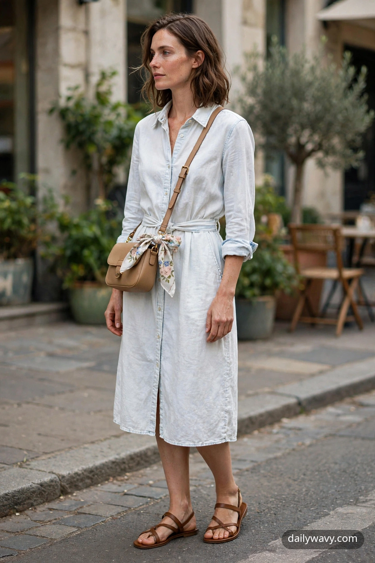Adult wearing shirt dress with a compact bag for silk scarf outfits