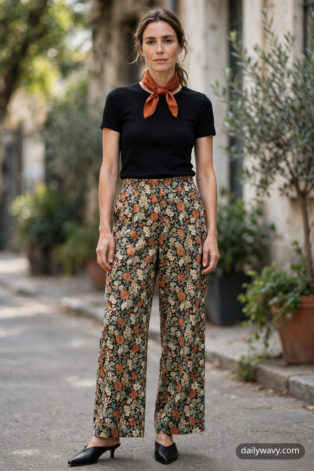 Adult wearing simple top with printed trousers for silk scarf outfits