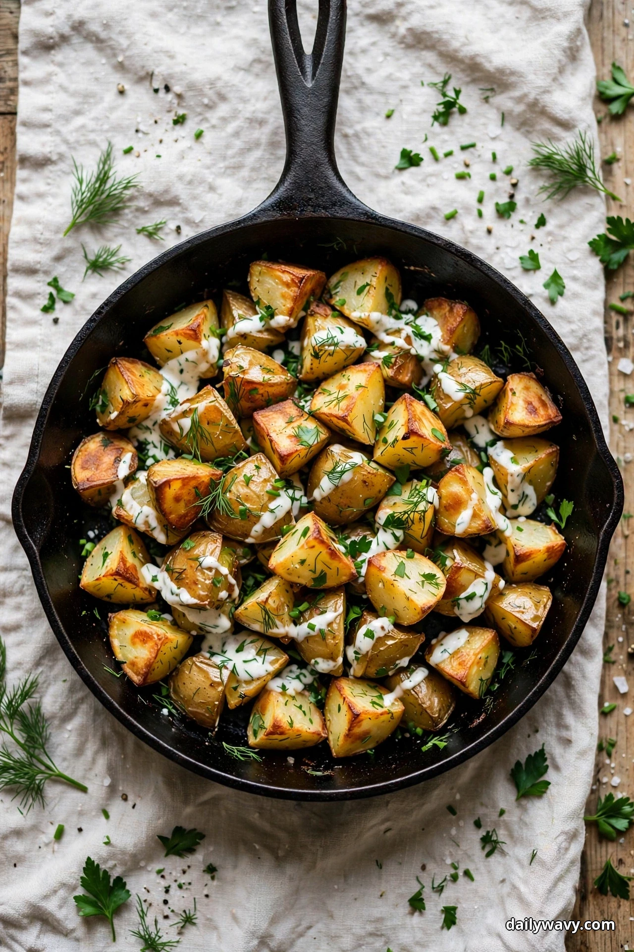 An overhead cast iron skillet of crispy potato cubes drizzled with a white yogurt dressing and scattered with chopped herbs rests on a linen cloth