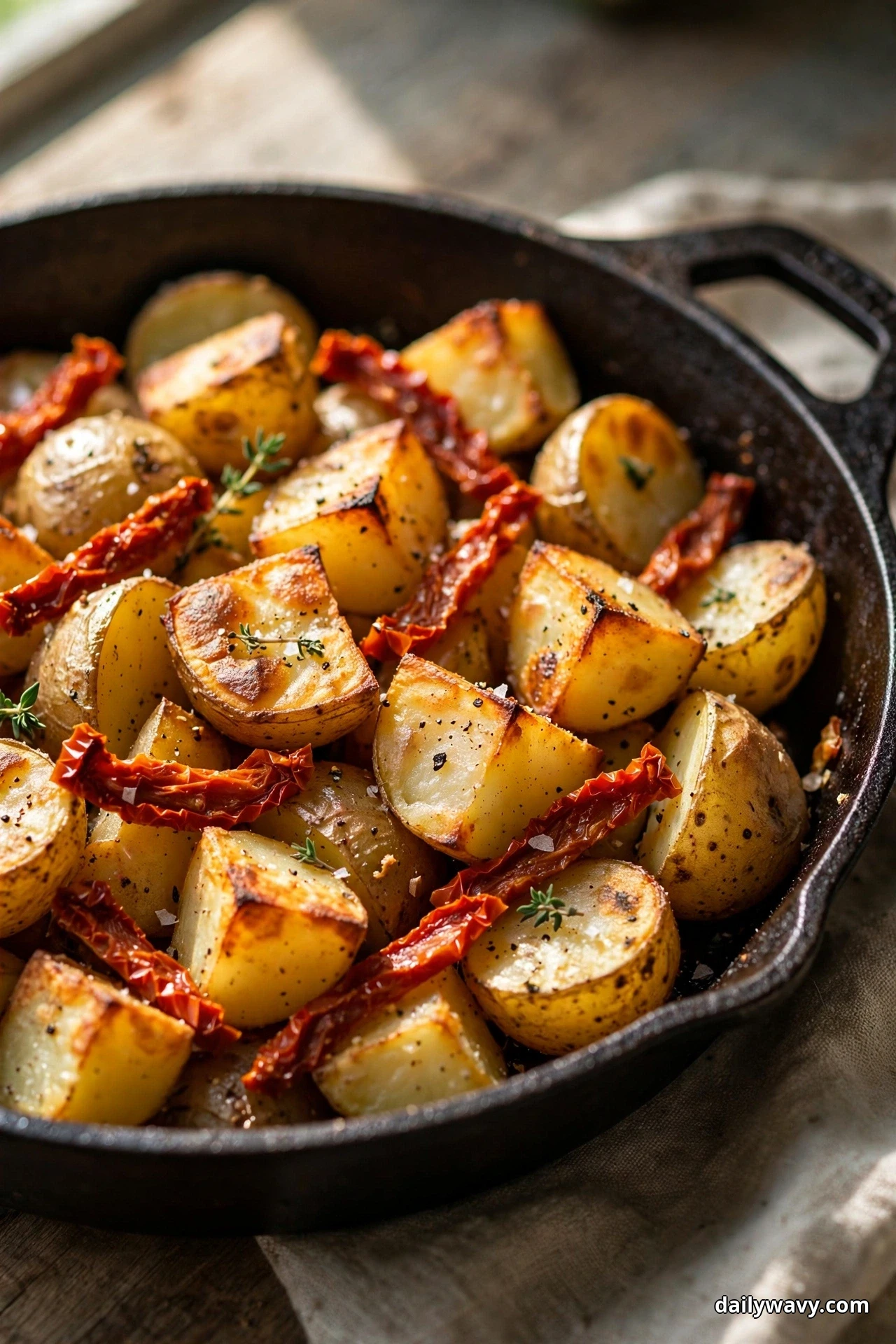 A cast iron skillet of golden potato chunks with sun-dried tomato strips folded through them sits in natural side light
