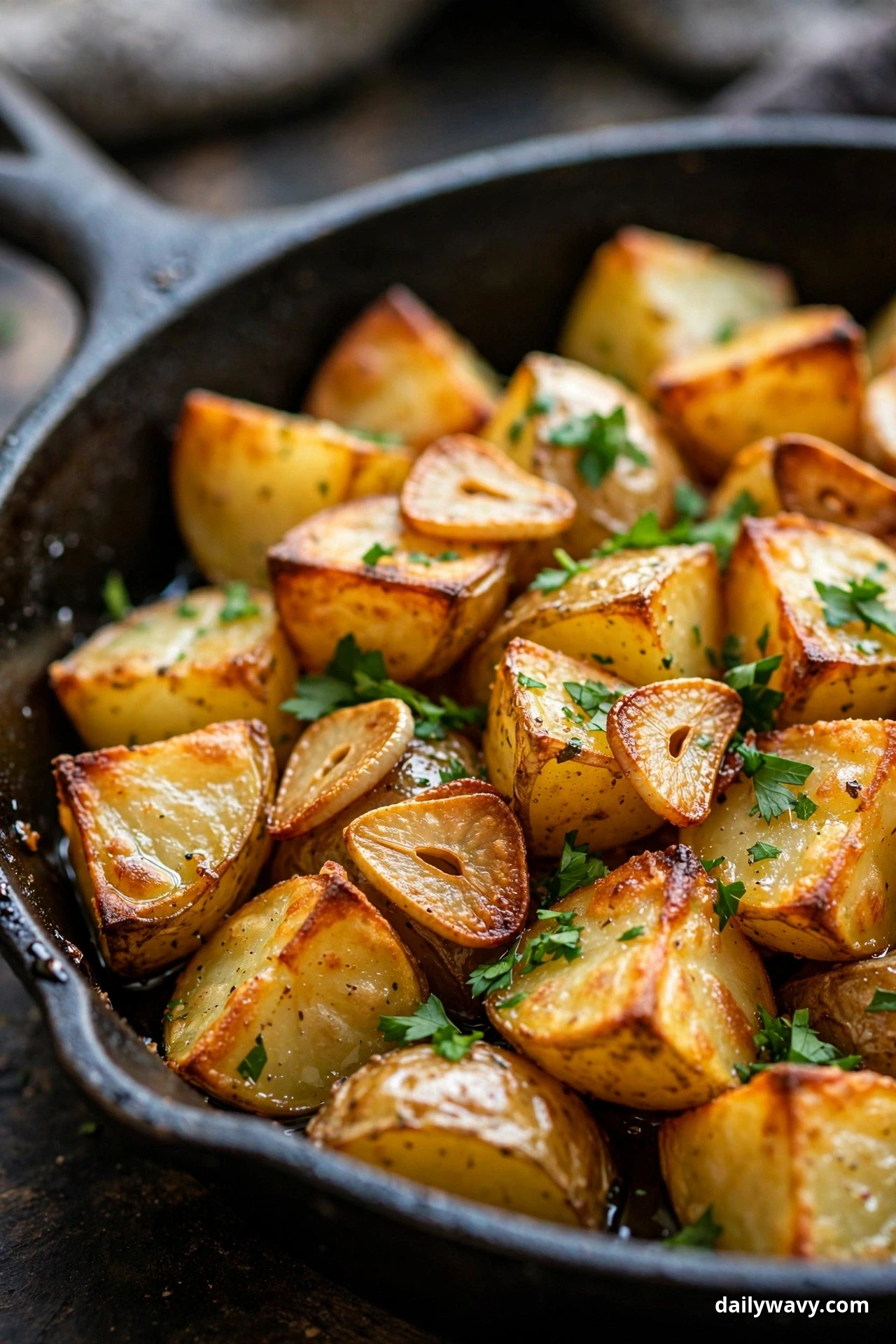A close eye-level detail of golden potato cubes with toasted sliced garlic and chopped fresh parsley fills a cast iron skillet