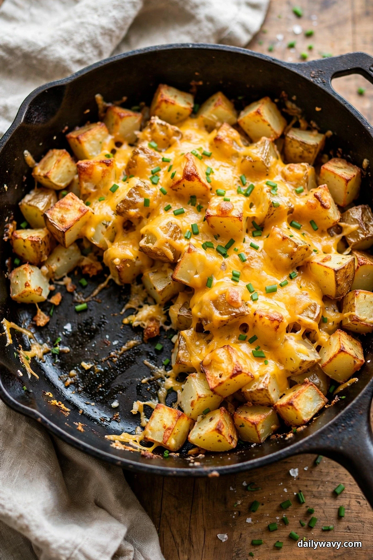 A cast iron skillet of crispy potato cubes covered with melted cheddar and chopped chives sits on a wooden table with one serving removed