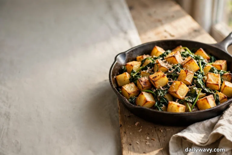 A cast iron skillet of golden crispy potato cubes with wilted spinach and grated nutmeg sits on a wooden board with a pale empty counter to the left