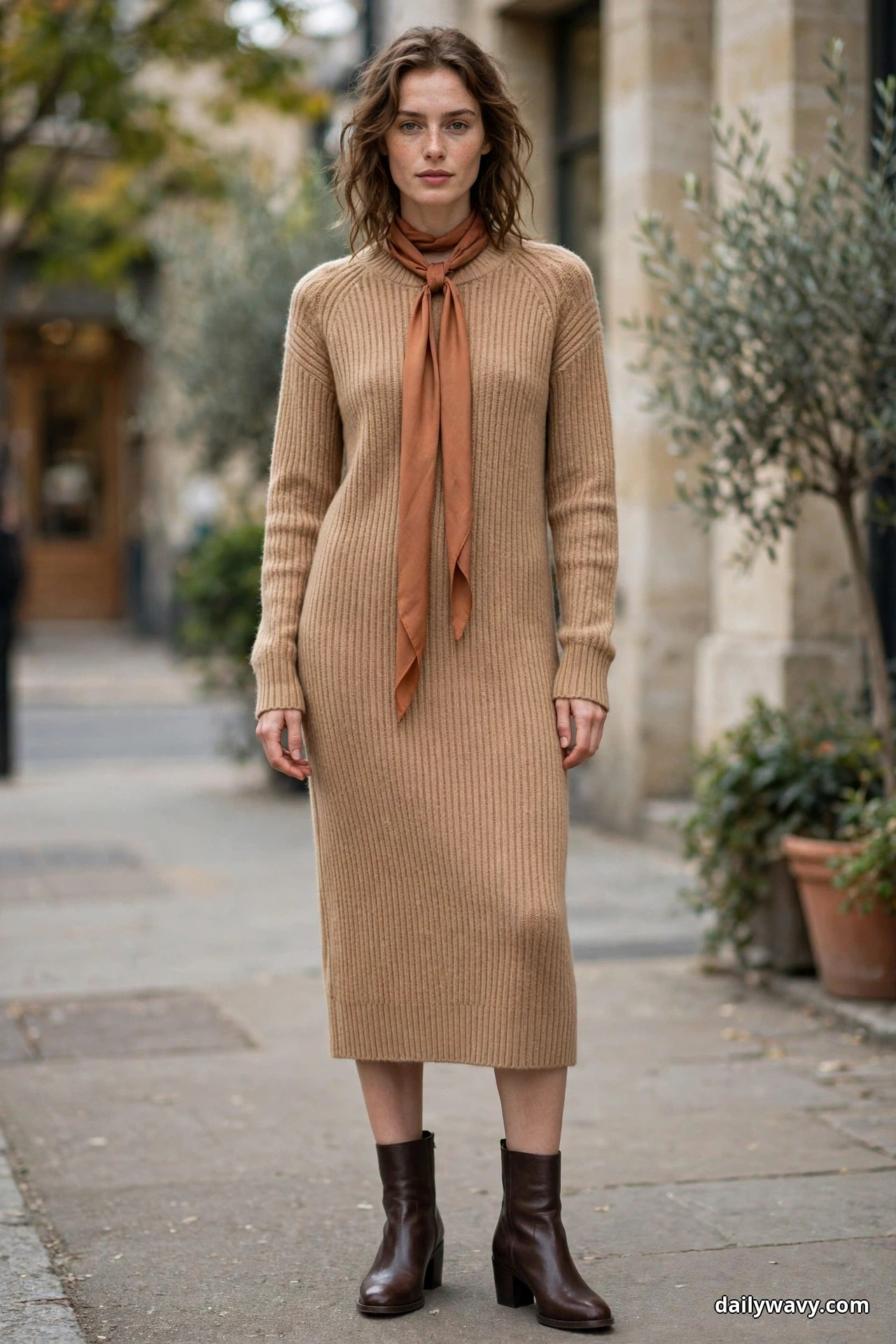 A woman stands full length on a city sidewalk wearing a camel ribbed knit sweater dress that falls below the knee, with a rust skinny scarf tied at her neck and dark brown low block-heel ankle boots