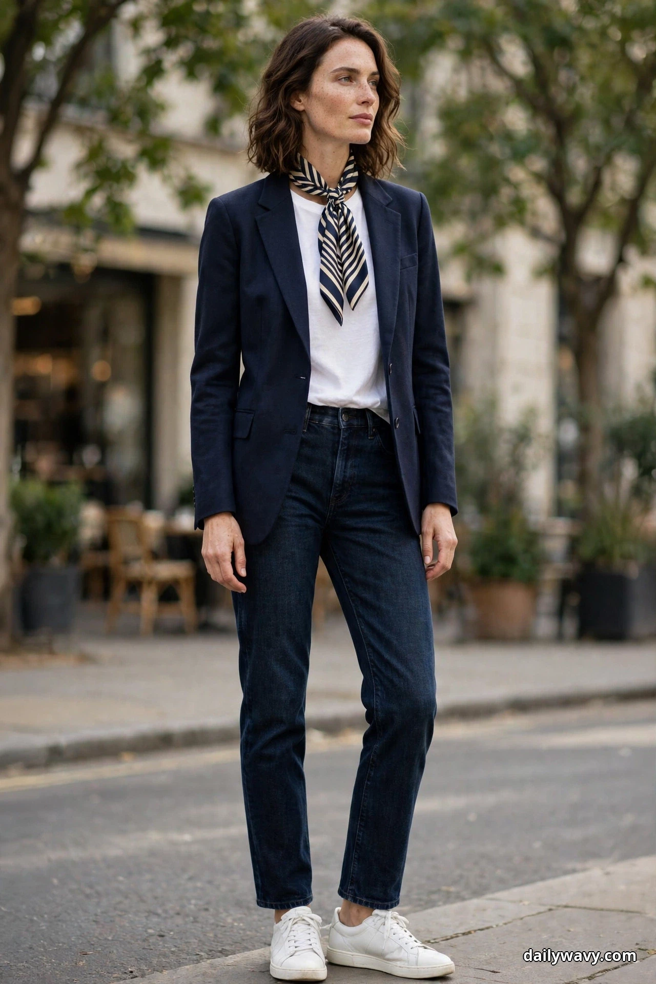 A woman stands full length on a city street wearing a white crewneck tee under a tailored navy blazer with dark straight-leg jeans, a navy-and-cream striped skinny scarf at her neck and white sneakers