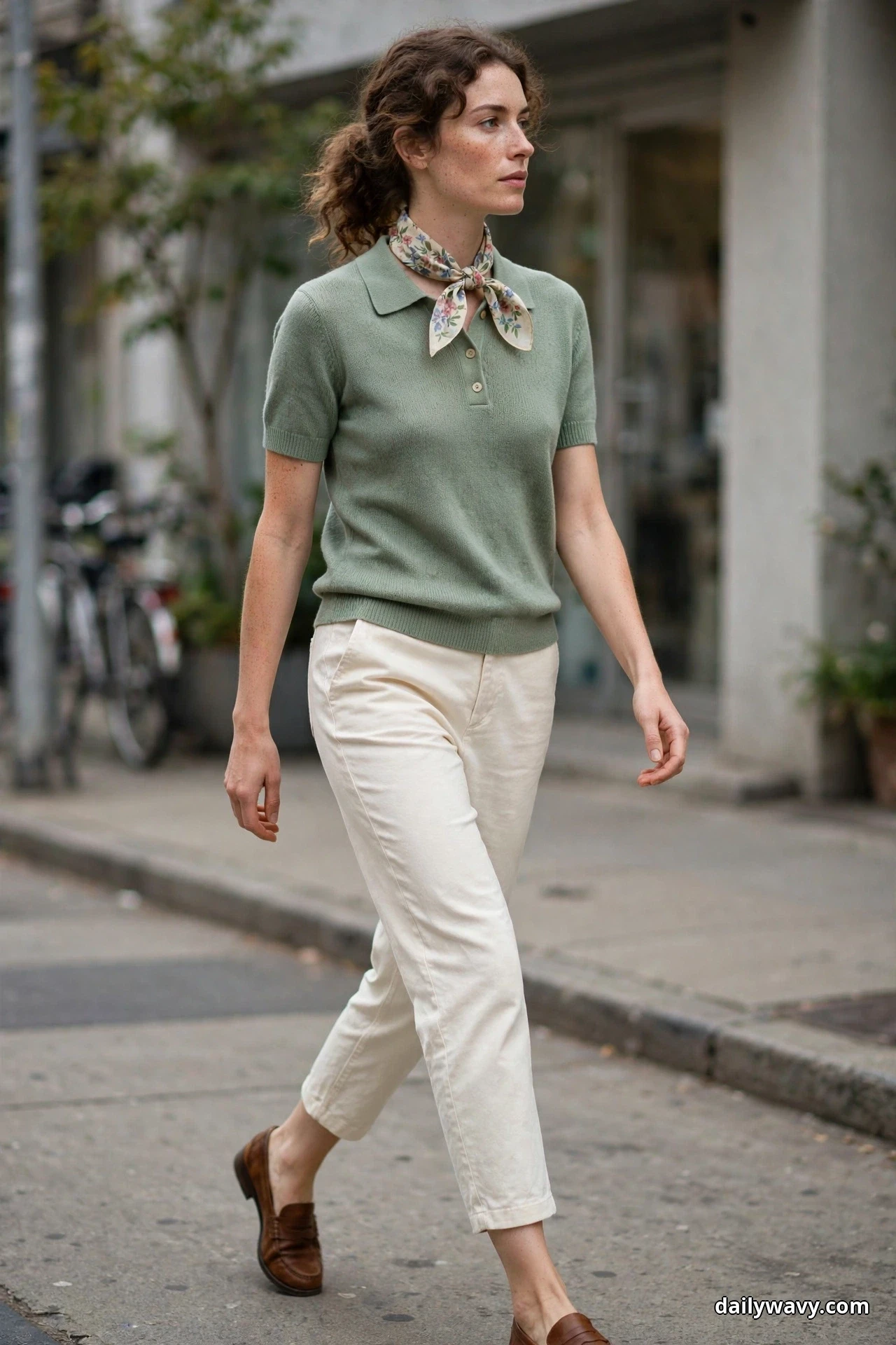 A woman walks along a city sidewalk wearing a sage green short-sleeve knit polo with cropped cream trousers, a small floral-print skinny scarf tied at her neck and brown leather loafers