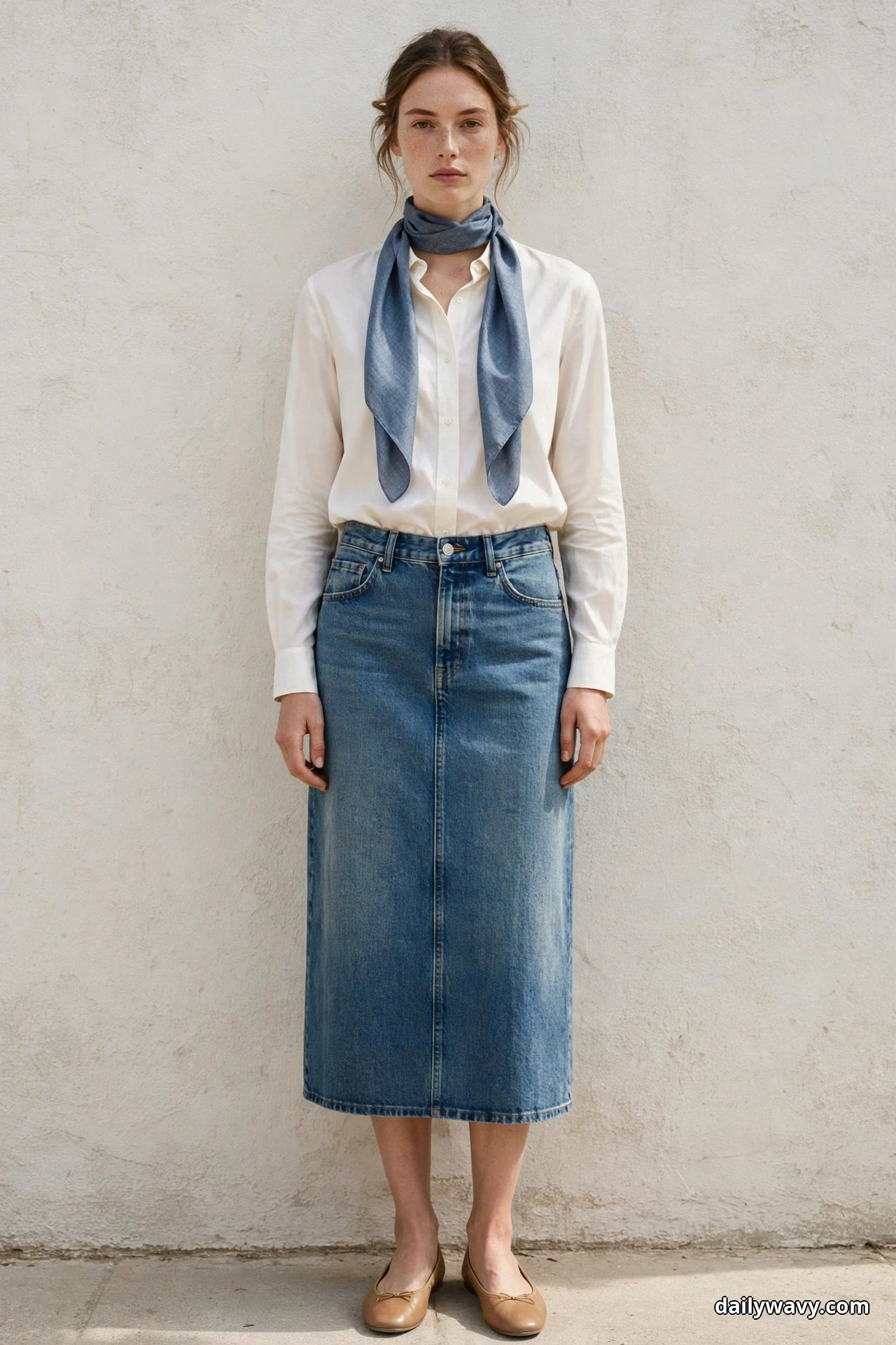 A woman stands full length against a plain textured wall wearing an ivory button blouse tucked into a medium-wash denim midi skirt, with a chambray-blue skinny scarf looped at her neck and tan ballet flats