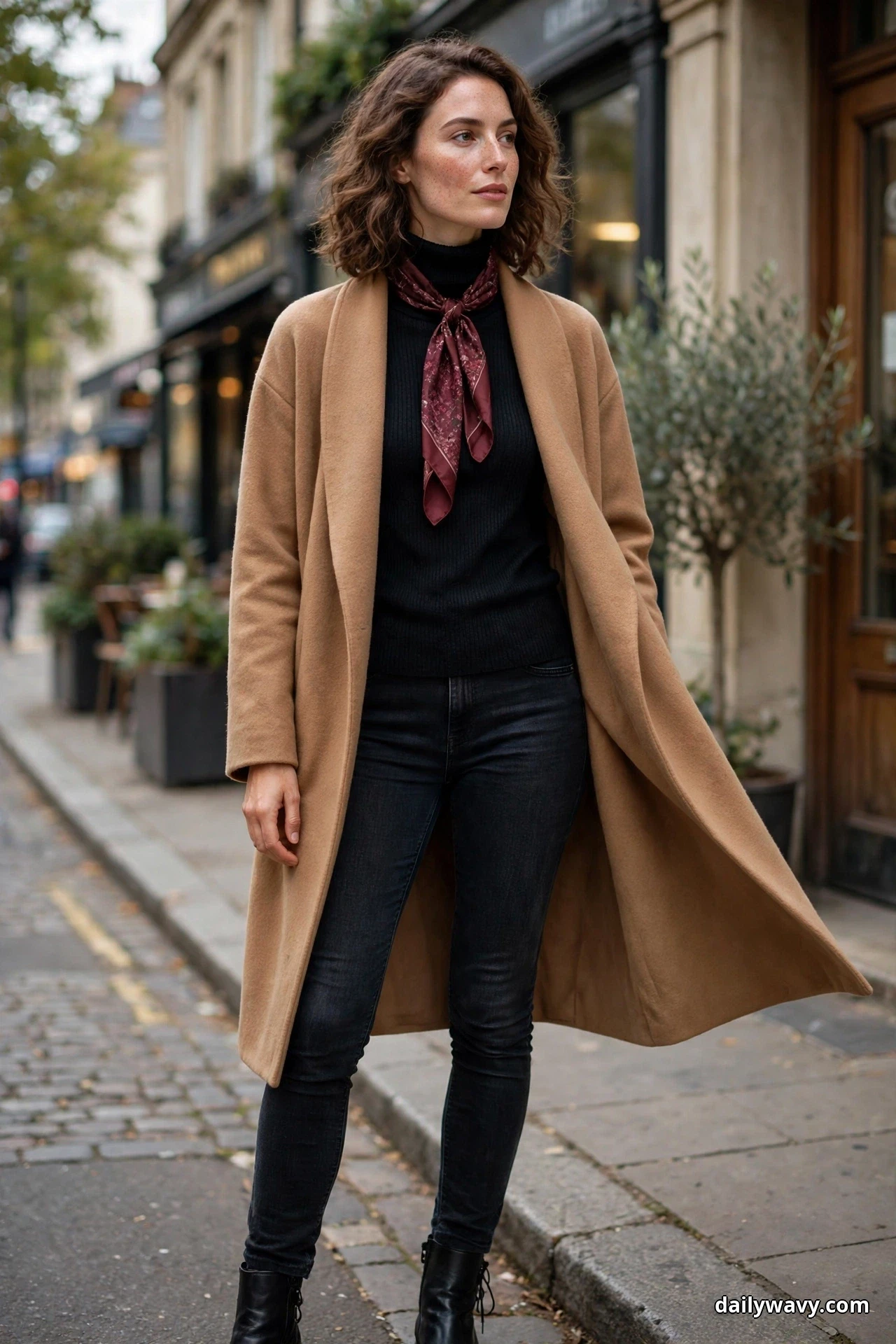 A woman stands full length on a city street wearing a black turtleneck under an open camel wool coat with a burgundy-print skinny scarf at her neck, dark skinny jeans and black ankle boots