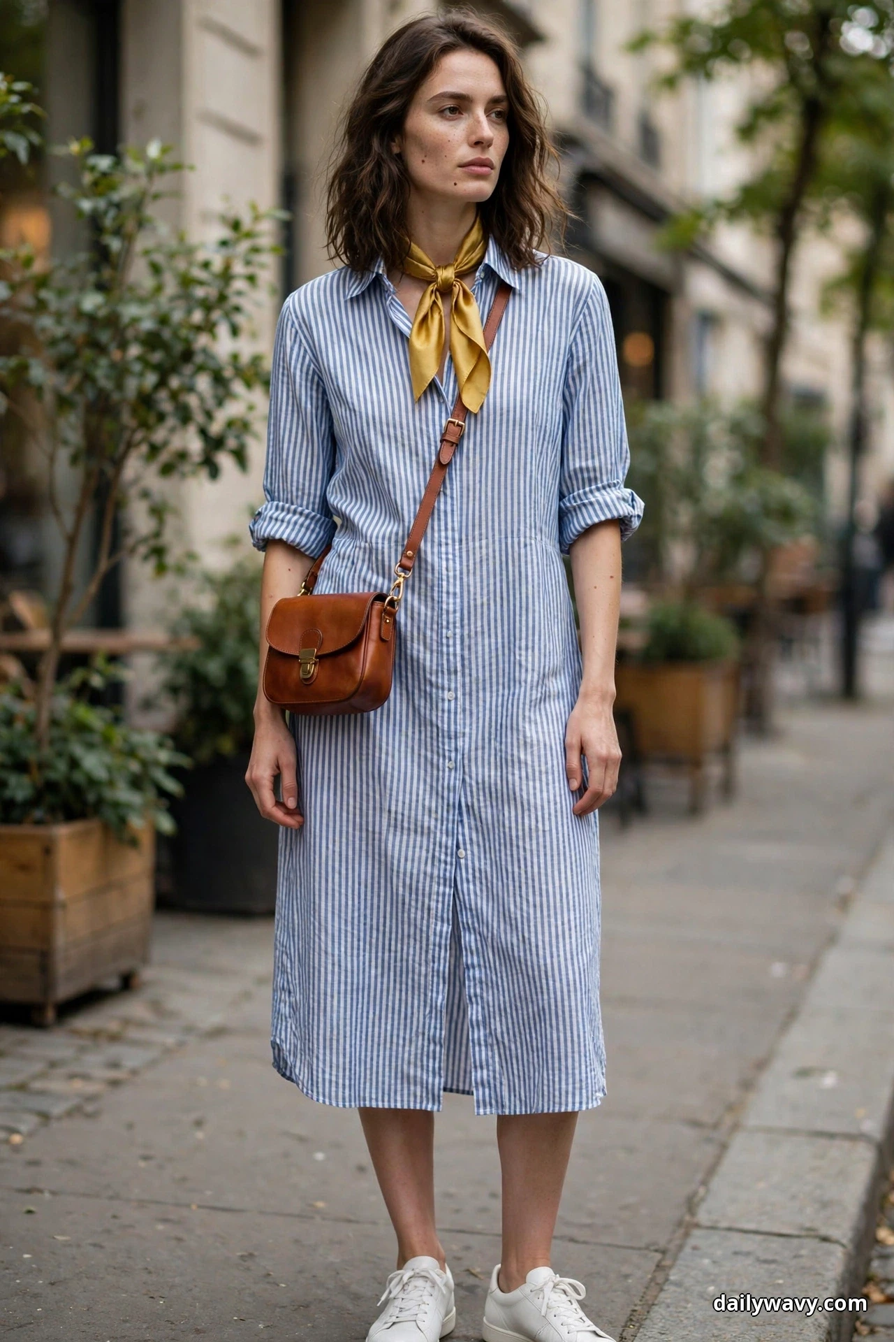 A woman stands full length on a city sidewalk wearing a blue-and-white striped shirt dress with a mustard-yellow skinny scarf at her neck, a compact cognac crossbody bag at her hip and white sneakers