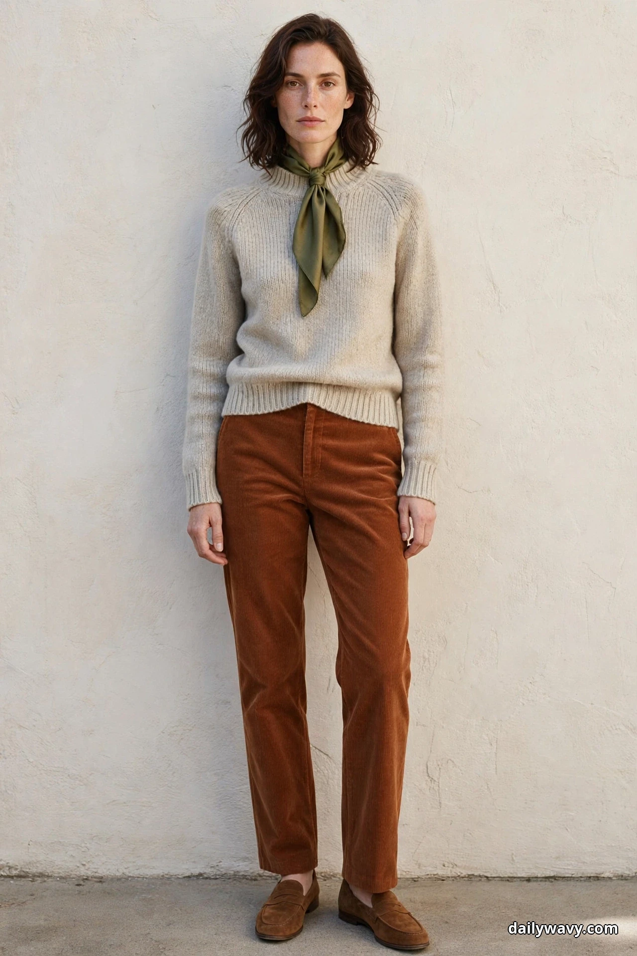 A woman stands full length against a plain textured wall wearing an oatmeal mock-neck knit sweater with rust corduroy straight-leg trousers, an olive-green skinny scarf tied at her neck and brown suede loafers