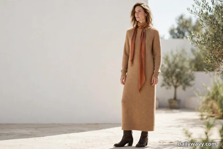 A woman stands full length on a paved terrace beside a white wall and olive trees wearing a long camel ribbed knit sweater dress with a rust skinny scarf tied at her neck and dark brown low block-heel ankle boots