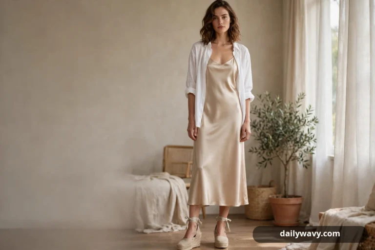 A wide view shows a woman standing in a bright room in a champagne satin midi slip dress with an open white cotton shirt over it and natural espadrille wedges with ankle ties.