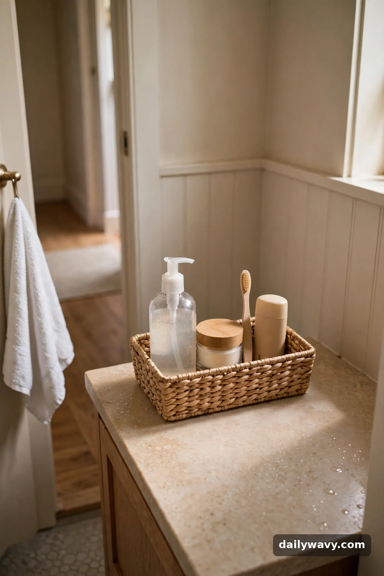 A Narrow Basket Grouping Daily Items in small bathroom storage