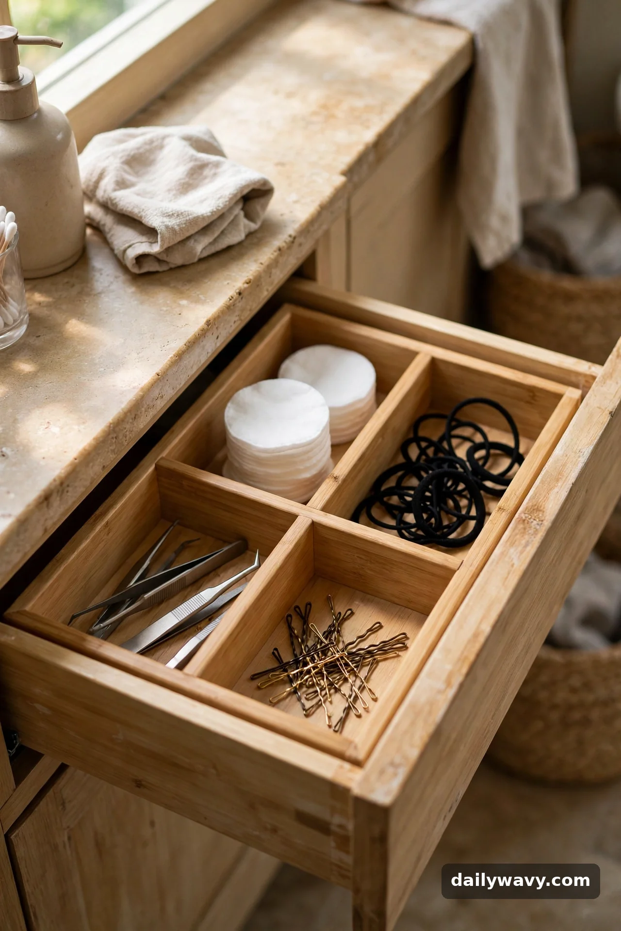 A Divider Separating Small Essentials in small bathroom storage