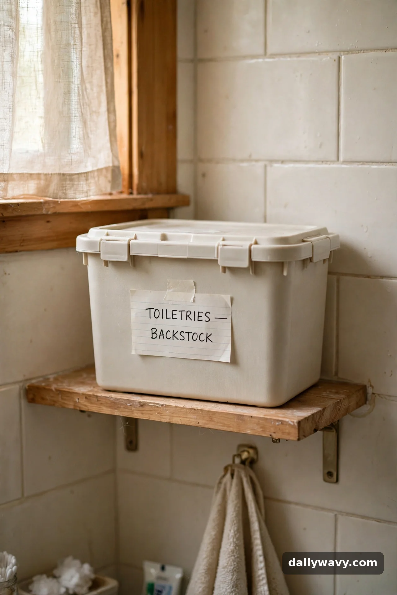 A Labeled Closed Container in small bathroom storage