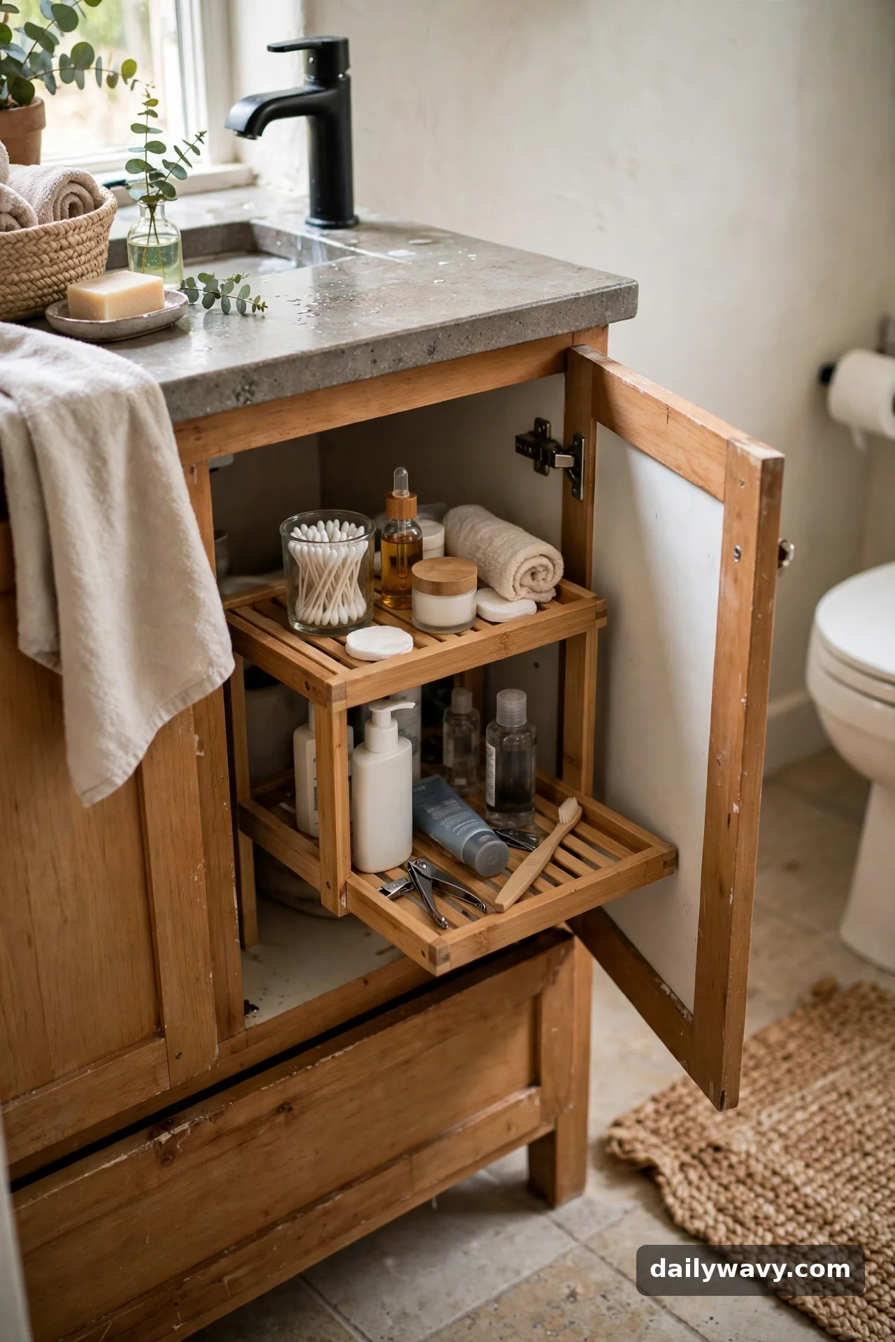 A Compact Shelf Riser in small bathroom storage