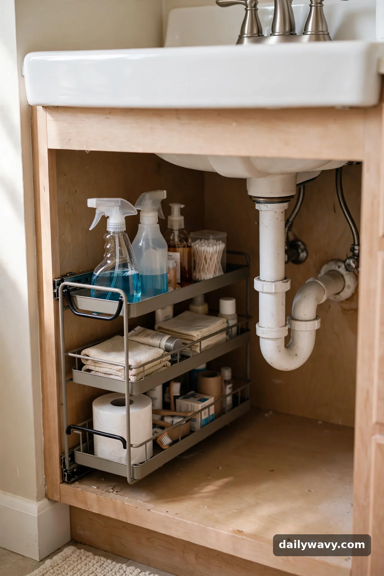 A Small Pull-Out Caddy in small bathroom storage
