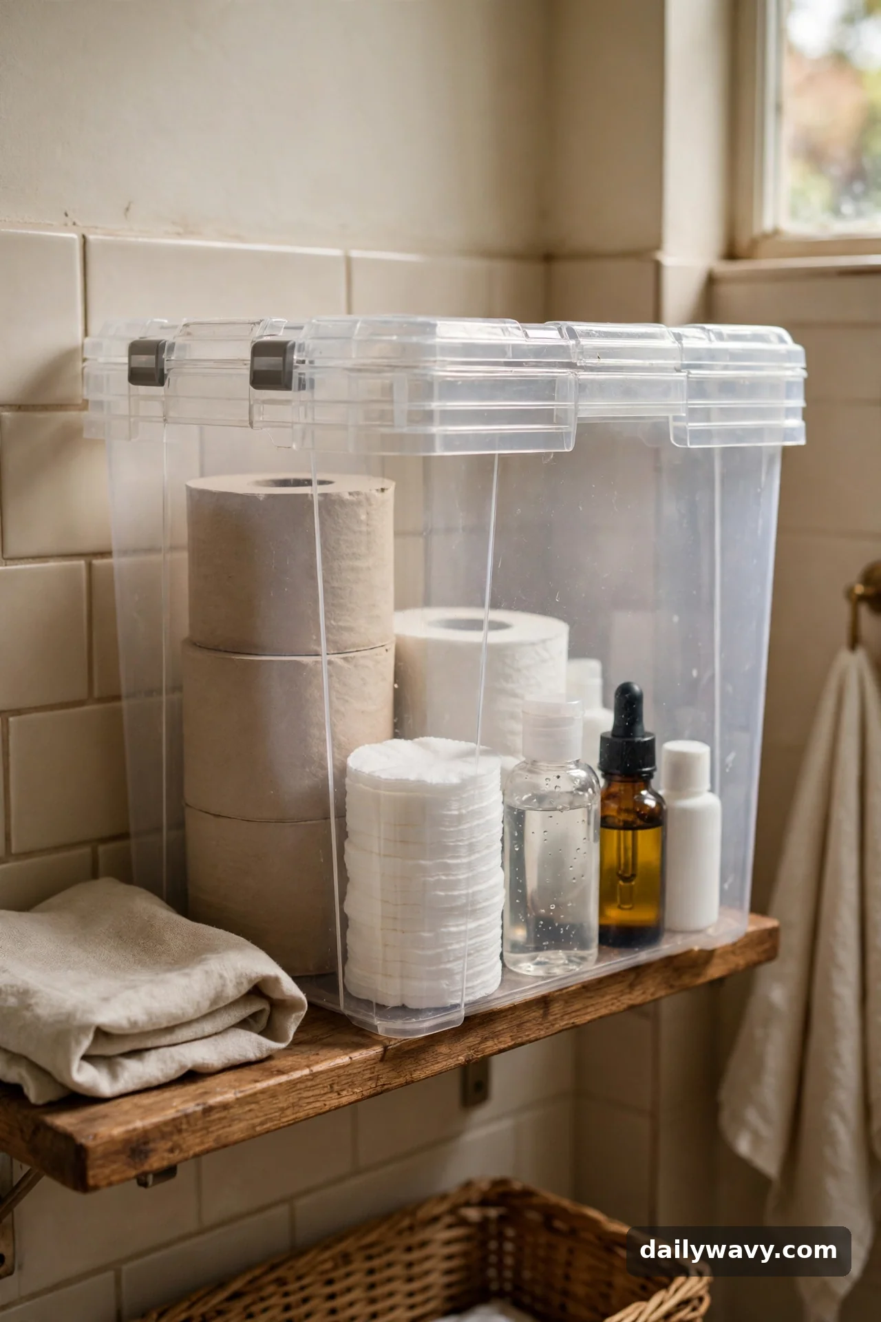 A Clear Bin With Visible Contents in small bathroom storage
