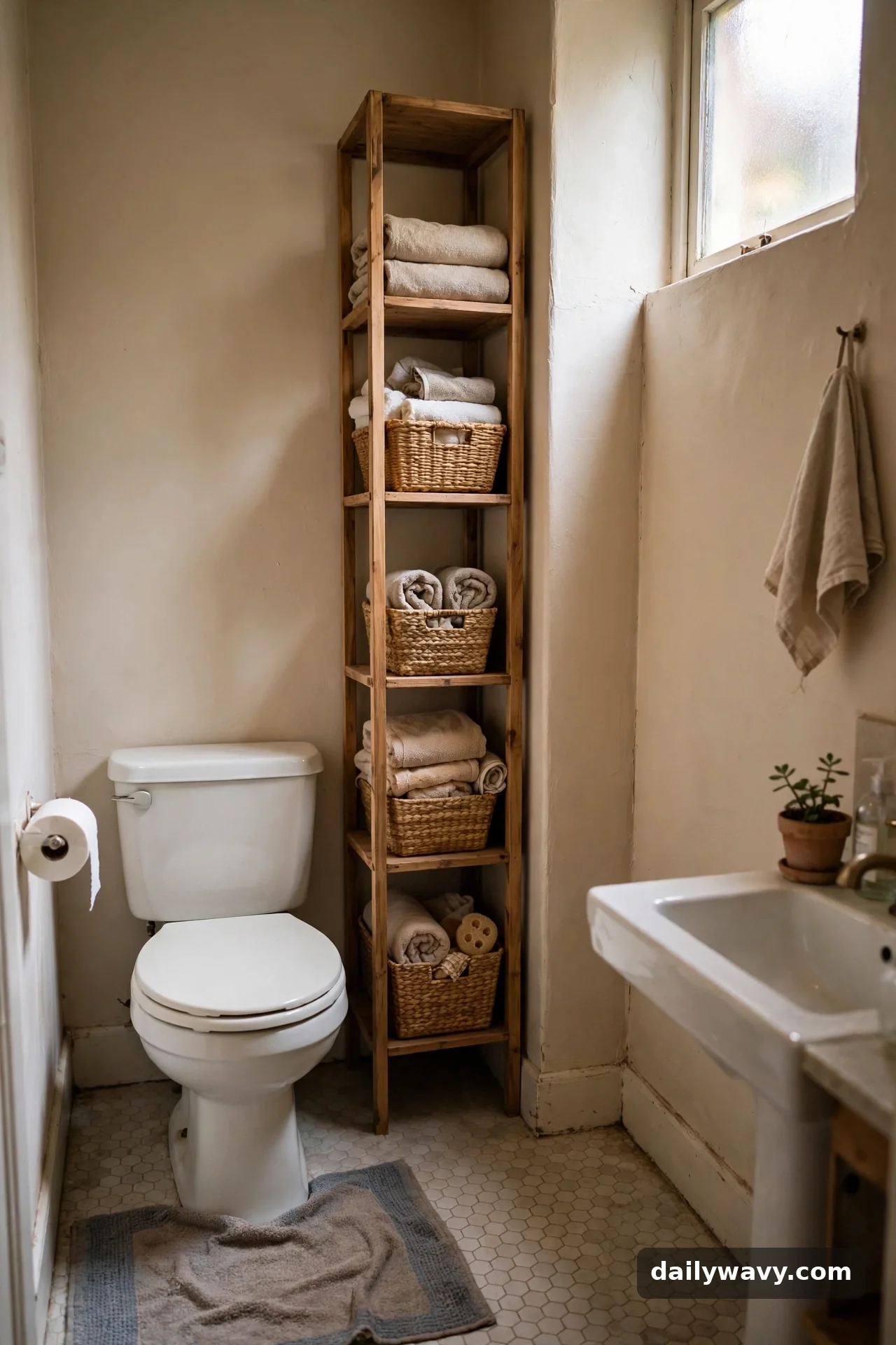 A Vertical Arrangement Saving Width in small bathroom storage